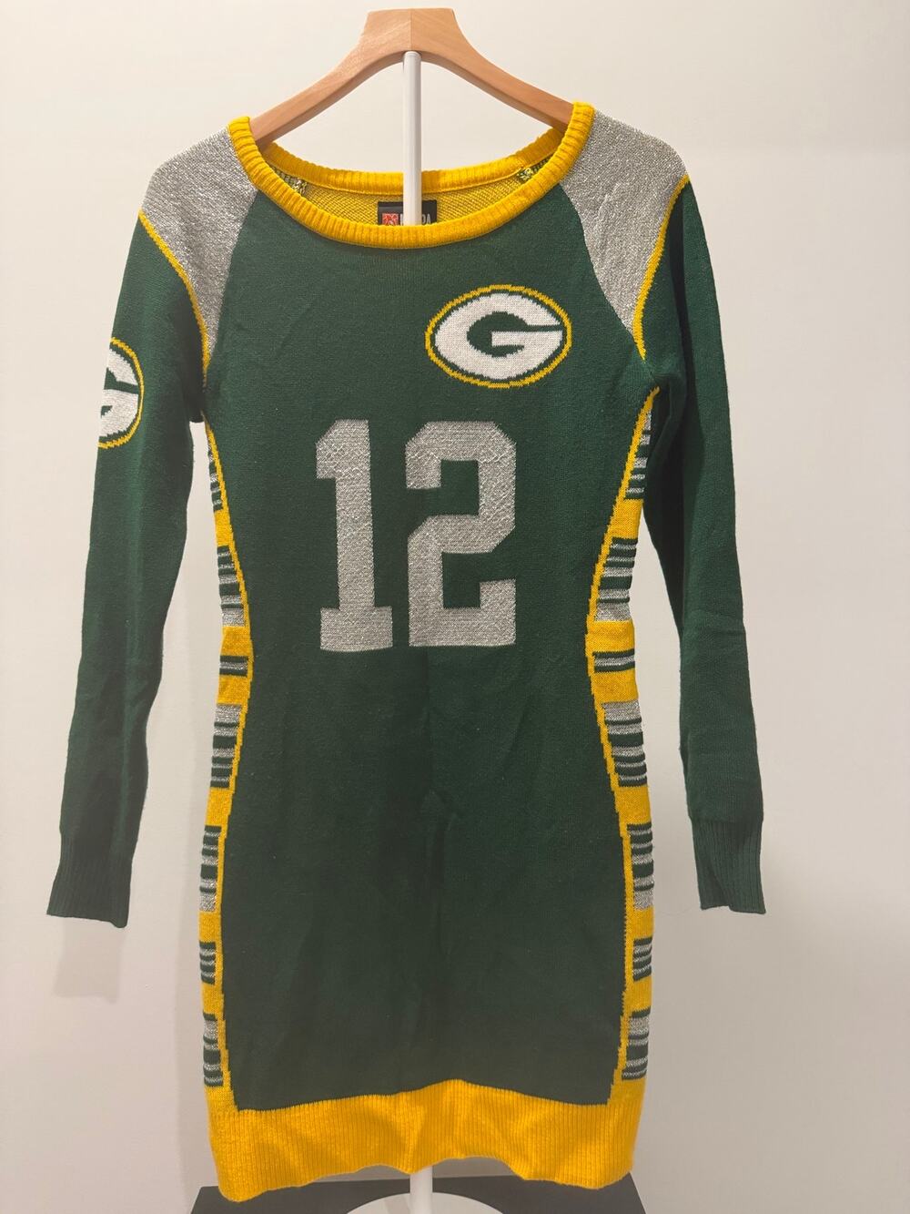 Green Bay Packers Aaron Rodgers #12 NFLPA Womens Small Sweater Dress Green Gold